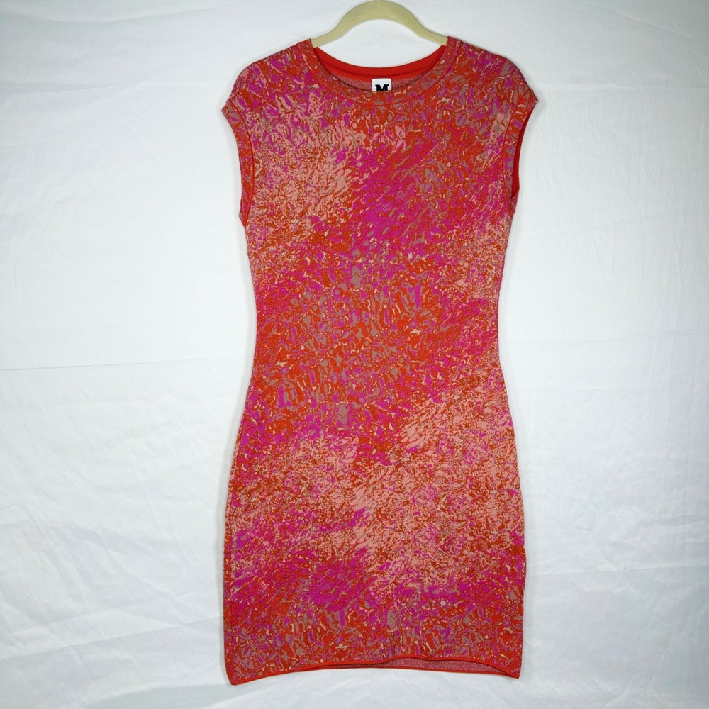 M Missoni Knit Dress Womens 44 Pink‎ Orange Abstract Metallic Sheath MD0KD19E2FF